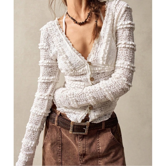 Boho Fitted Button Down Frill Ruffle Detail Long Sleeve top - Picture 3 of 12